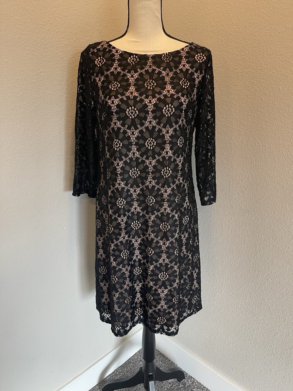 Jessica Howard Women's Sz 10 Black Lace Overlay Sheath Dress 3/4 Sleeve
